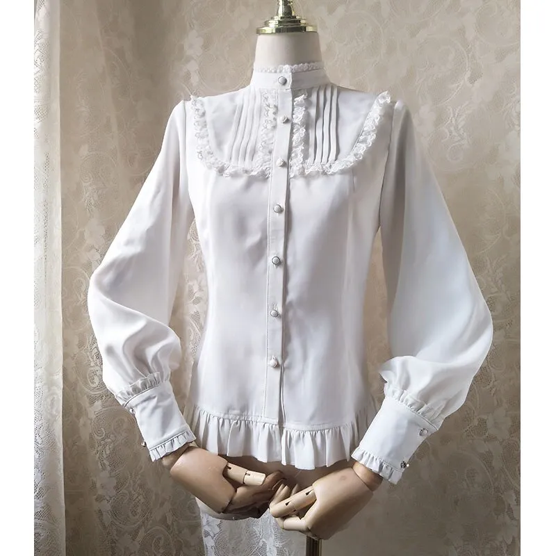 2019 Sweet Women's Lolita Blouse Ruffled Pink Vintage Long Lantern Sleeve Button Down Shirt