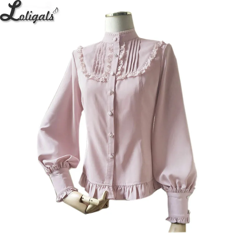 2019 Sweet Women's Lolita Blouse Ruffled Pink Vintage Long Lantern Sleeve Button Down Shirt