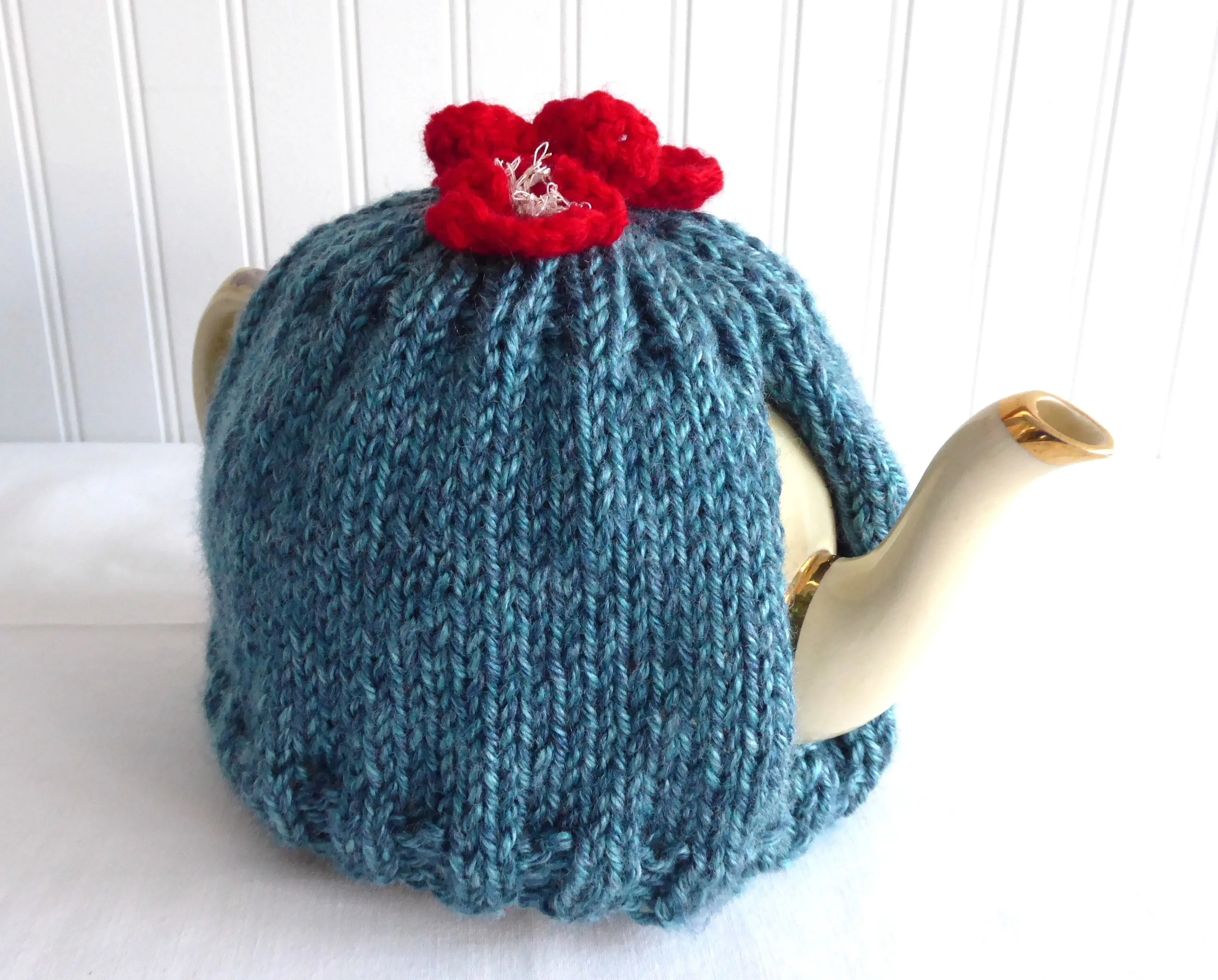 Applied Flowers Tea Cozy Teal Heather Hand Knitted Cosy Medium Stretchy US Artisan