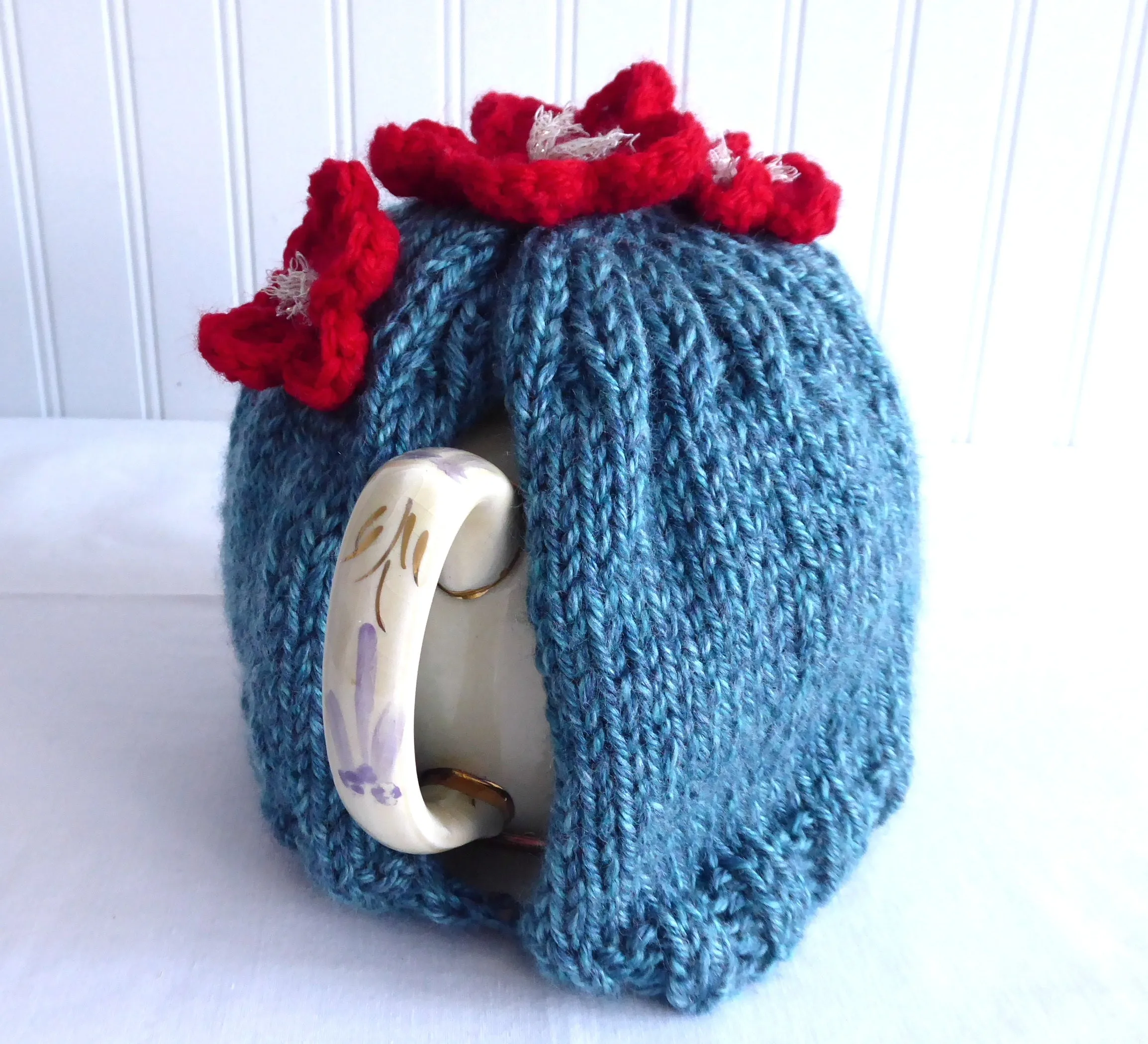 Applied Flowers Tea Cozy Teal Heather Hand Knitted Cosy Medium Stretchy US Artisan