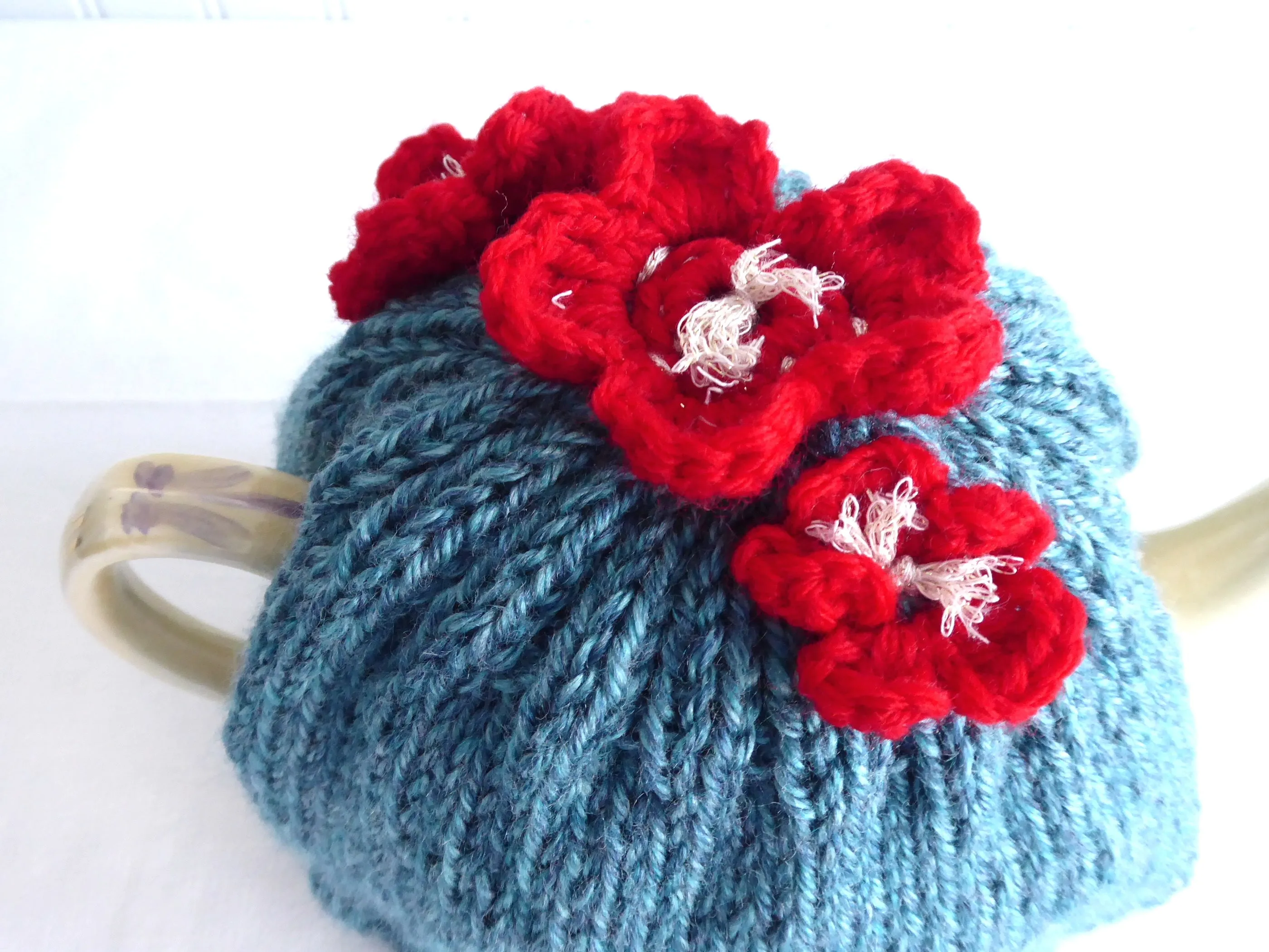 Applied Flowers Tea Cozy Teal Heather Hand Knitted Cosy Medium Stretchy US Artisan