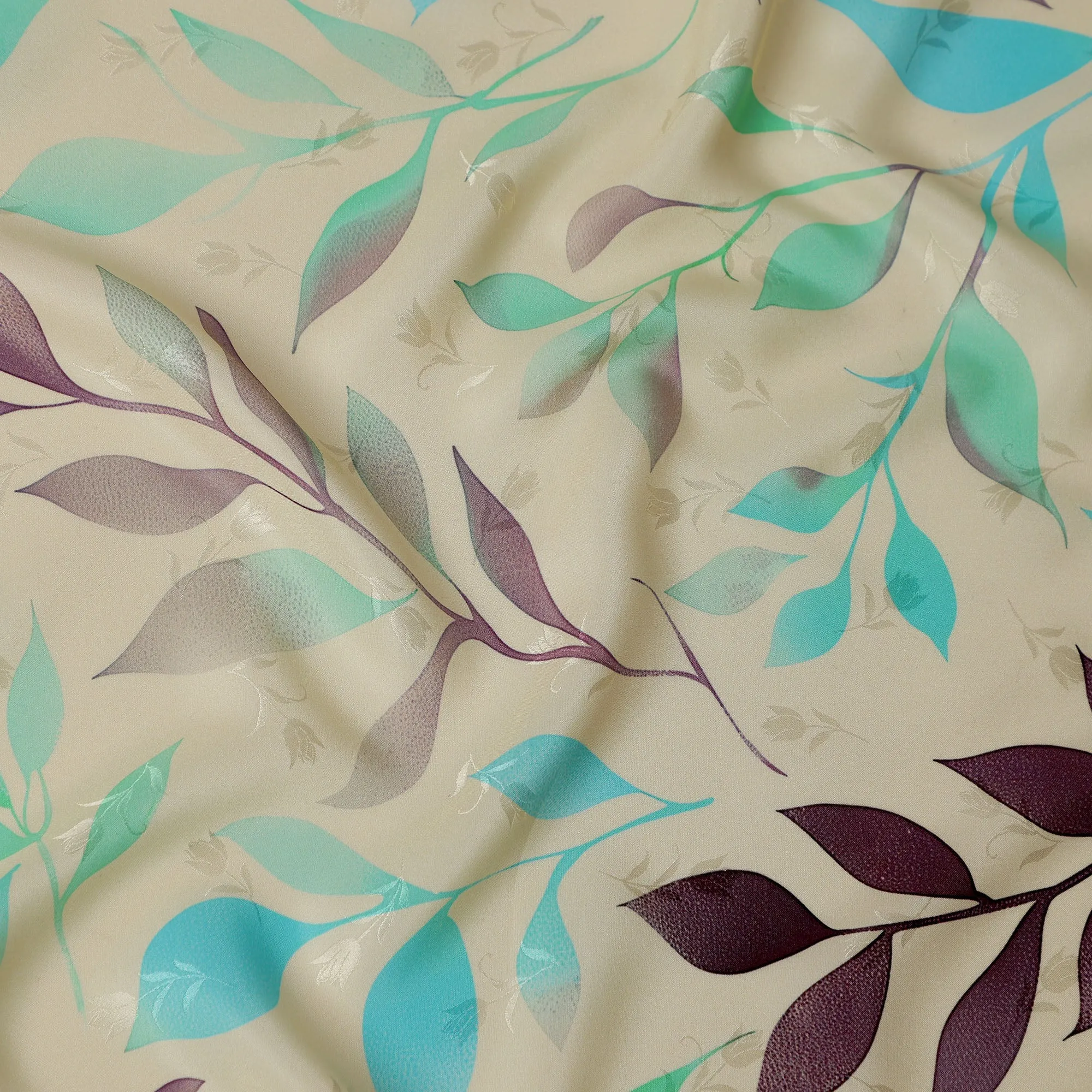 Aqua Blue and Purple Leaf Print Pure Silk Satin Fabric, 140 cm Width, Made in Italy -D21160