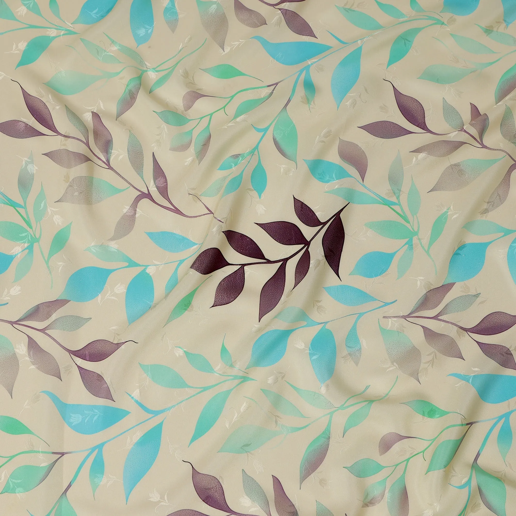 Aqua Blue and Purple Leaf Print Pure Silk Satin Fabric, 140 cm Width, Made in Italy -D21160