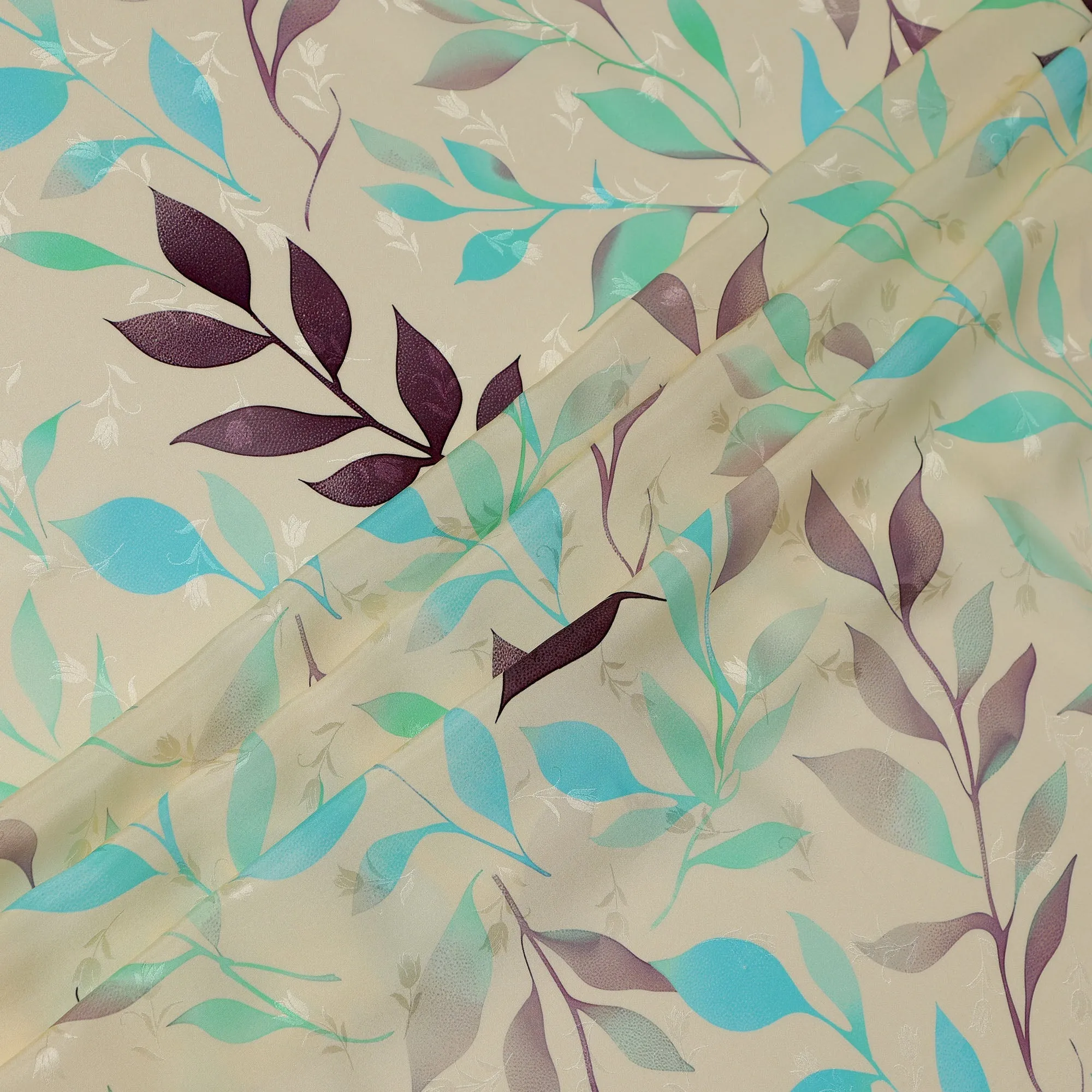 Aqua Blue and Purple Leaf Print Pure Silk Satin Fabric, 140 cm Width, Made in Italy -D21160