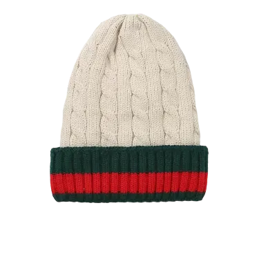 Beige Men's Winter knitted hat with green and red Striped Wool Beanie