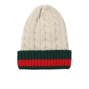 Beige Men's Winter knitted hat with green and red Striped Wool Beanie