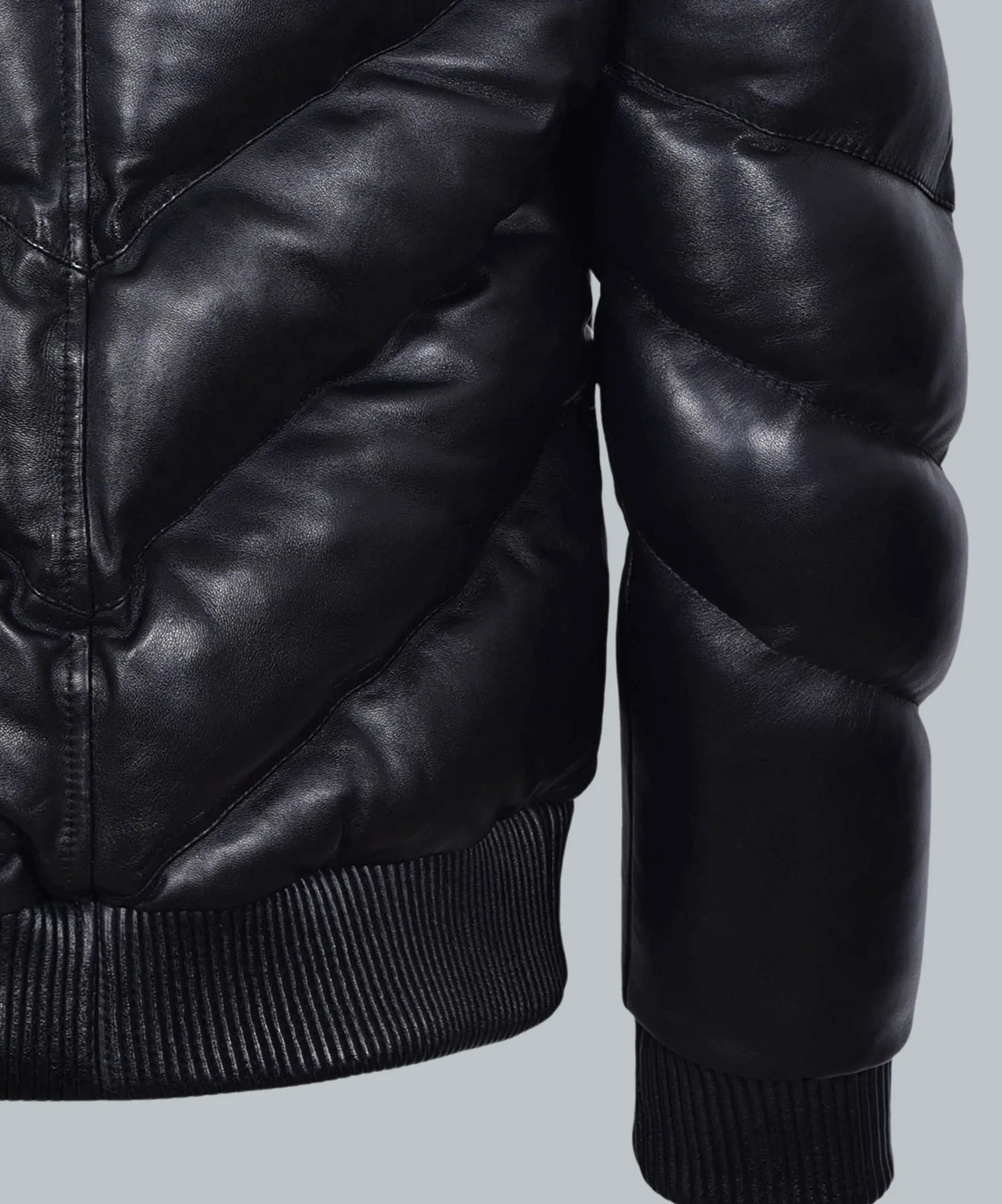 Black Leather puffer Jacket Fur collar