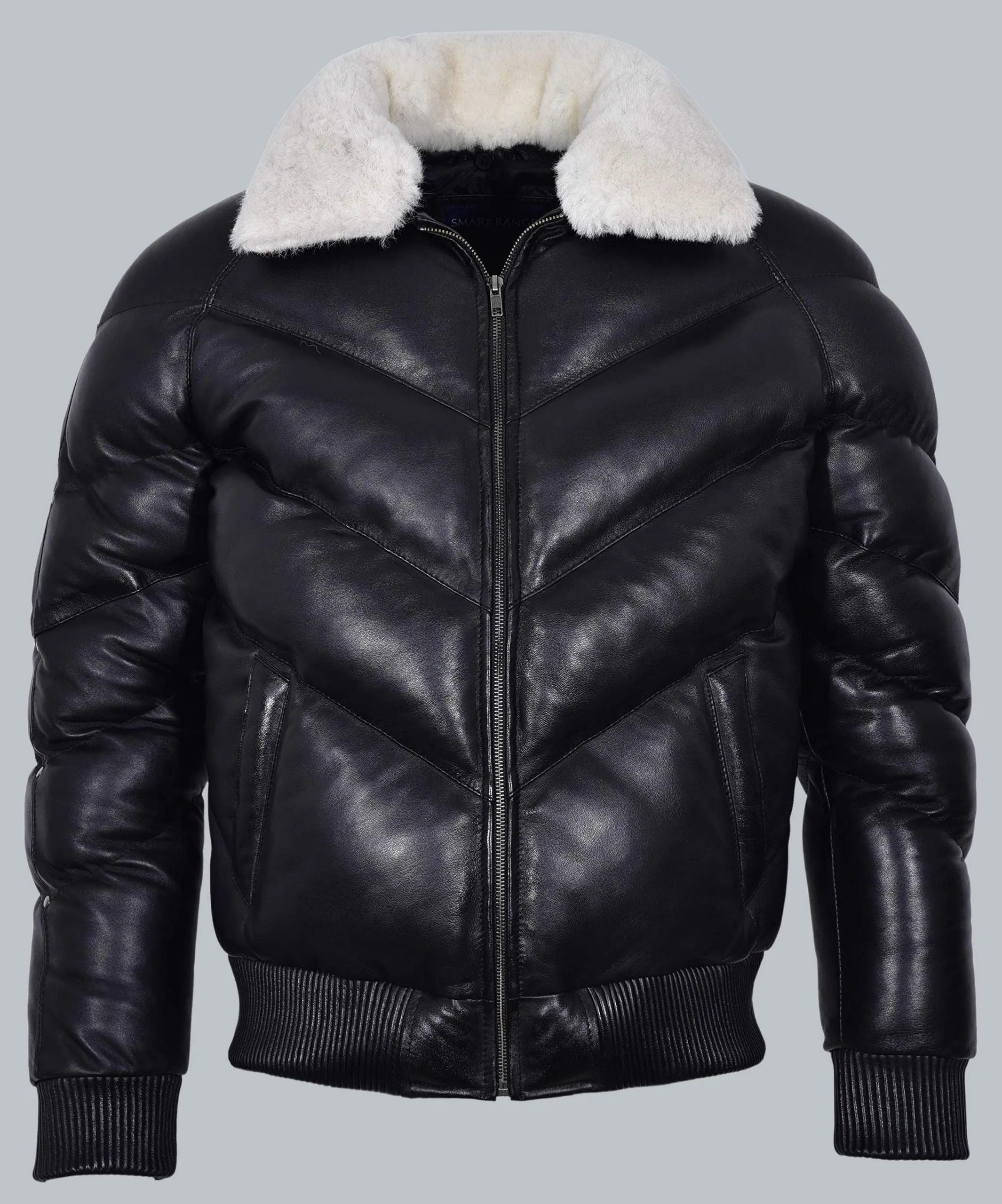 Black Leather puffer Jacket Fur collar