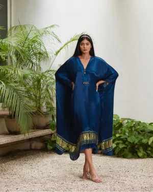 Blue Silk Kaftan With Golden Border