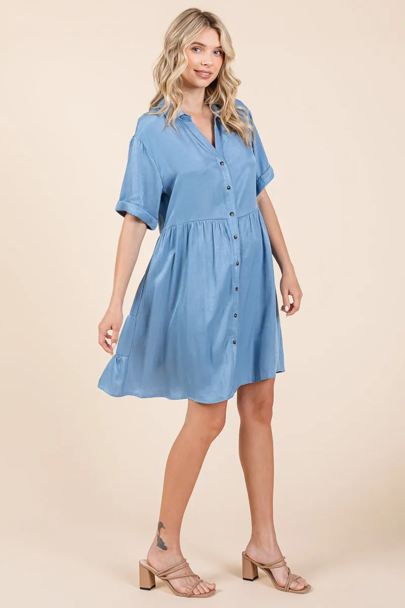 Chambray Relaxed Tiered Button Up Shirt Dress