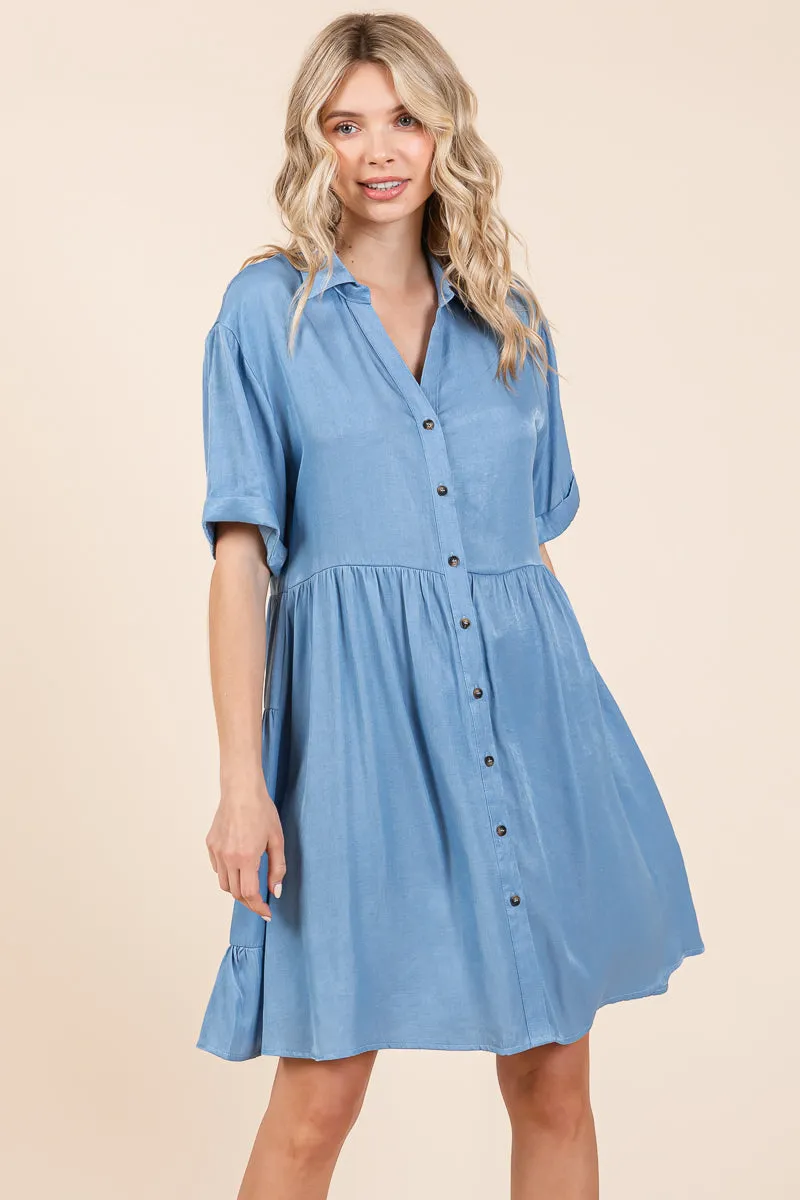 Chambray Relaxed Tiered Button Up Shirt Dress