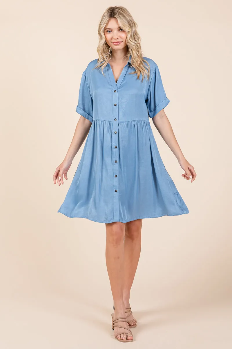 Chambray Relaxed Tiered Button Up Shirt Dress