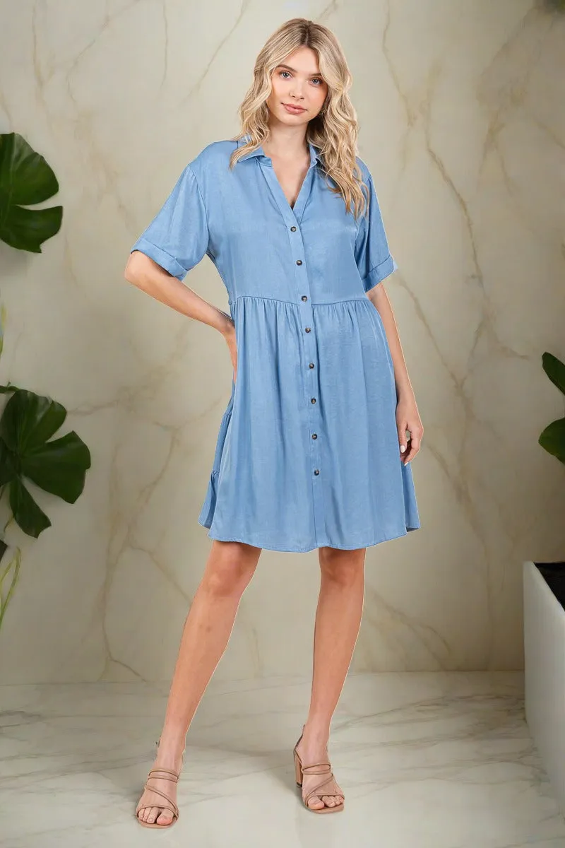 Chambray Relaxed Tiered Button Up Shirt Dress