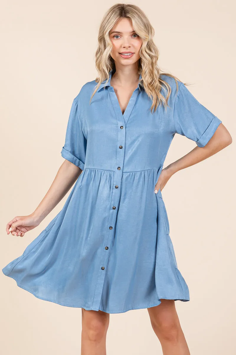 Chambray Relaxed Tiered Button Up Shirt Dress