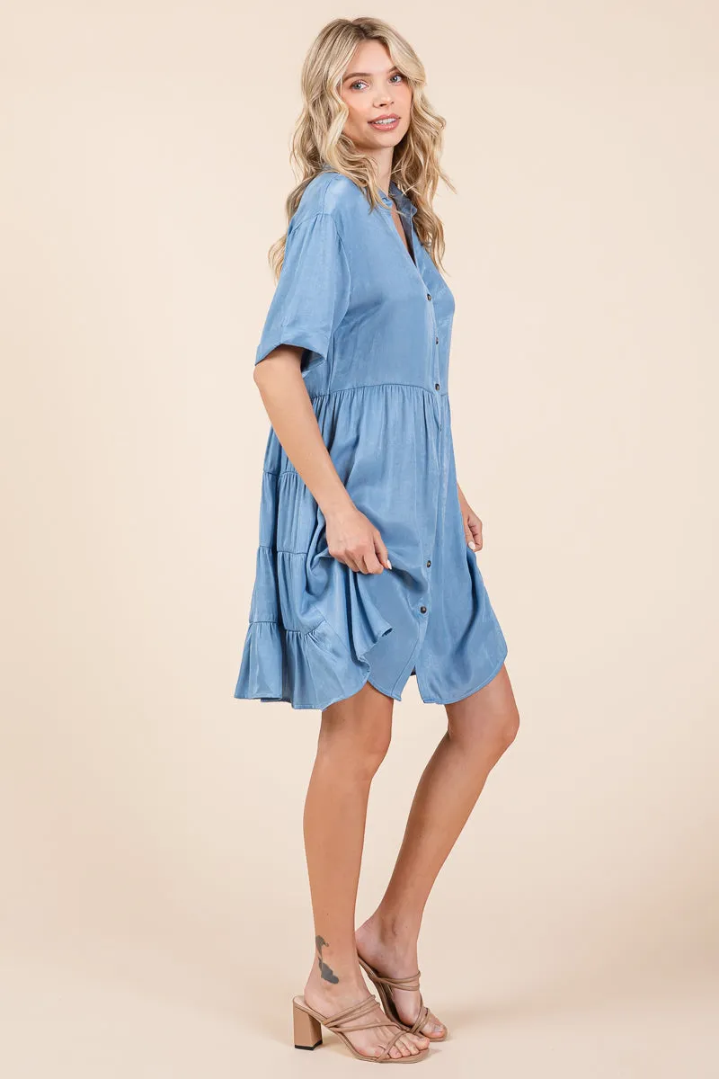 Chambray Relaxed Tiered Button Up Shirt Dress