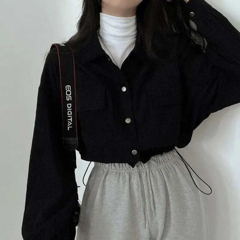 Chic Corduroy Long Sleeve Cropped Women's Blouse Jacket Drawstring and Pockets