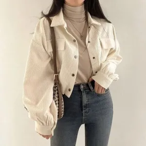 Chic Corduroy Long Sleeve Cropped Women's Blouse Jacket Drawstring and Pockets