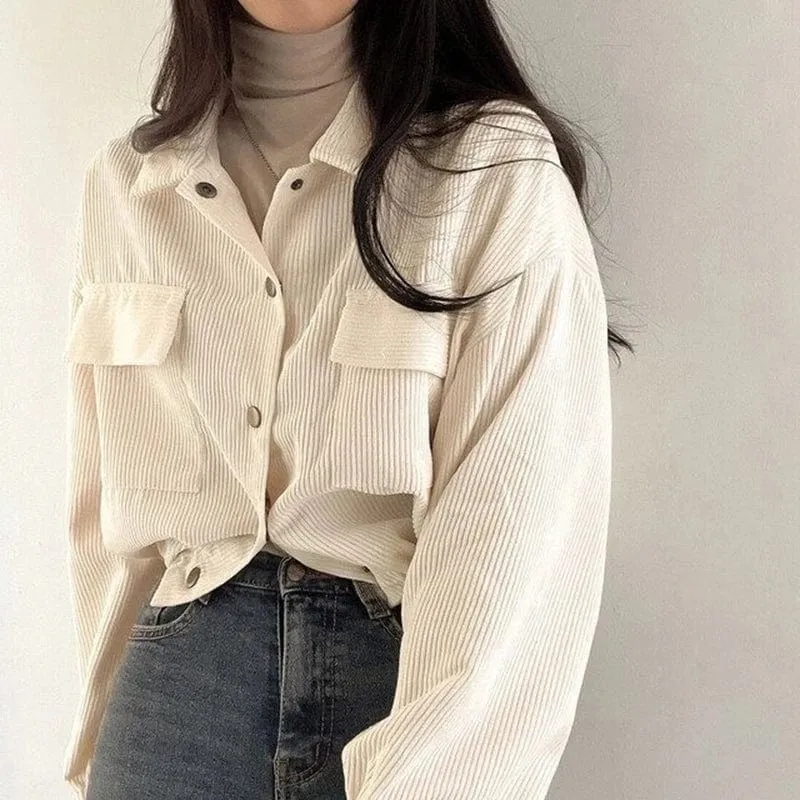 Chic Corduroy Long Sleeve Cropped Women's Blouse Jacket Drawstring and Pockets