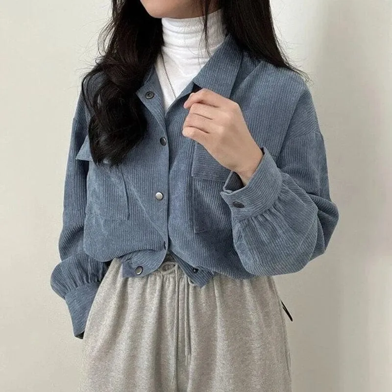 Chic Corduroy Long Sleeve Cropped Women's Blouse Jacket Drawstring and Pockets