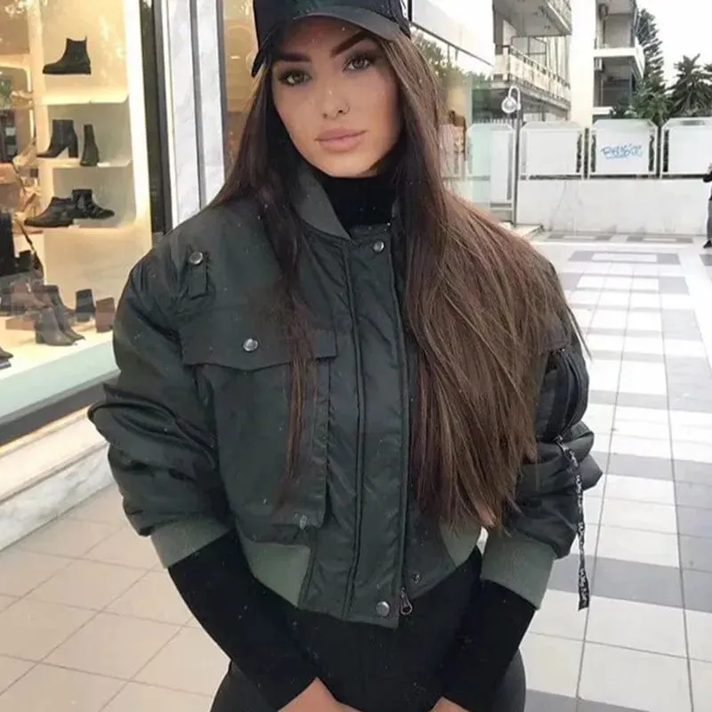 Chic Elegance: Merodi Green Short Jackets for Women - Stylish Autumn/Winter Fashion with Long Sleeve Zipper Bomber Outwear - Women's Coat