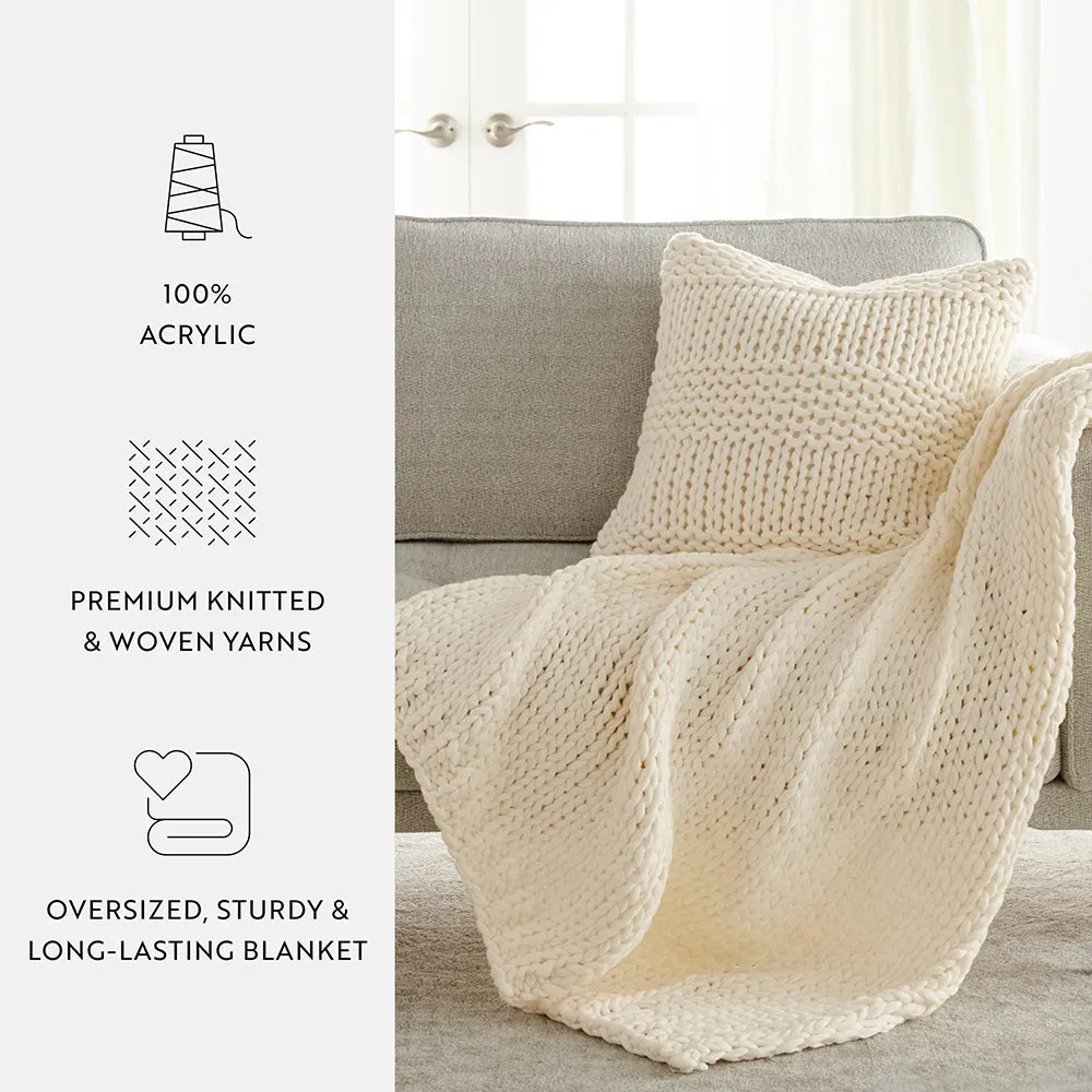 Chunky Knit Throw Blanket and Decor Pillow with Insert Bundle