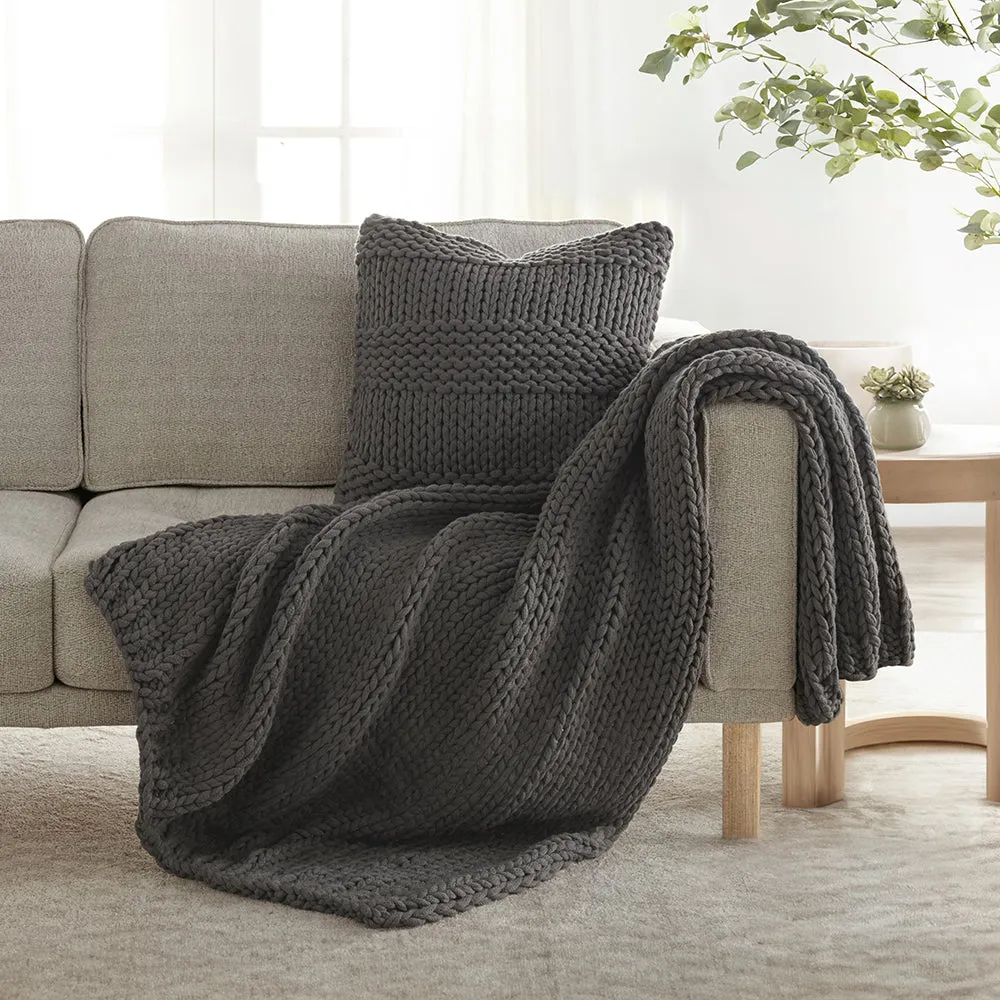 Chunky Knit Throw Blanket and Decor Pillow with Insert Bundle