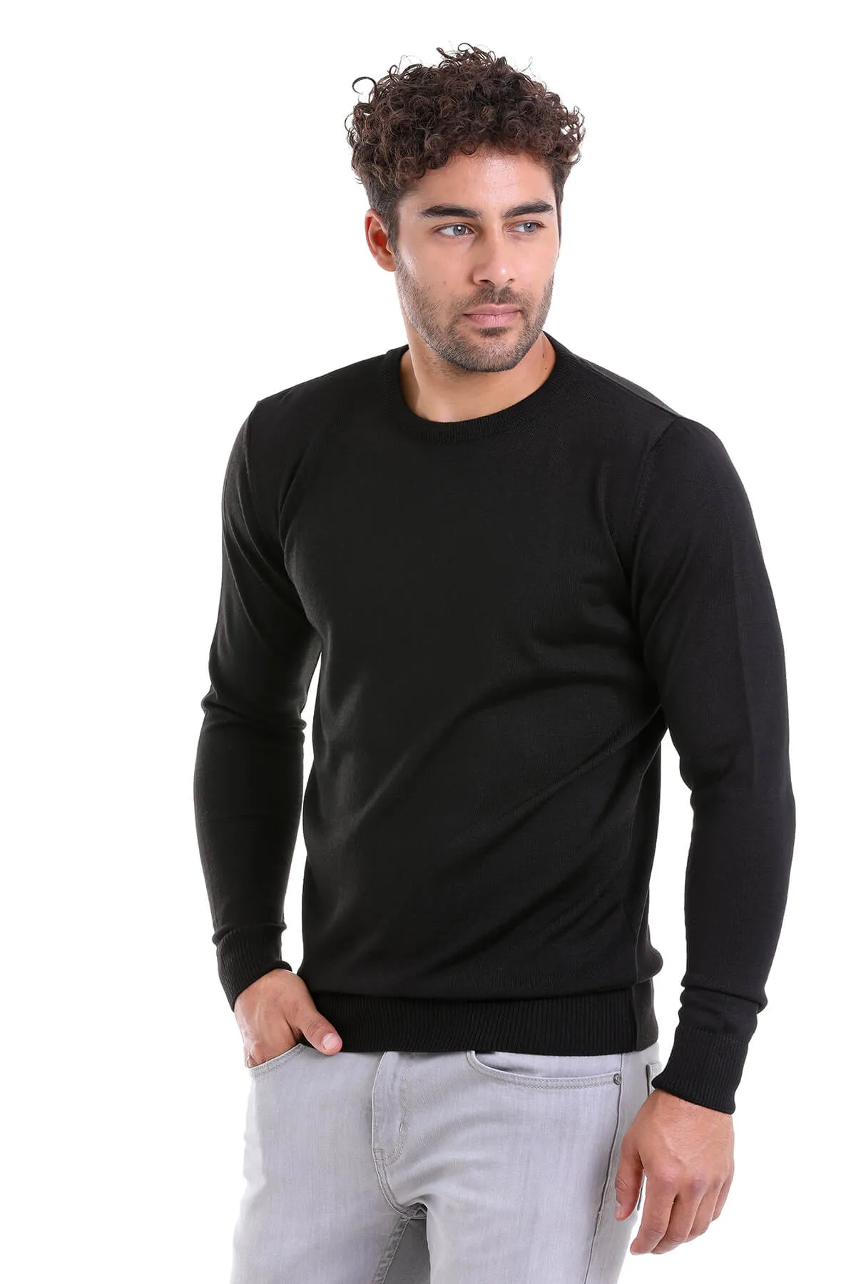 Comfort Fit Wool Blend Black Crewneck Sweater