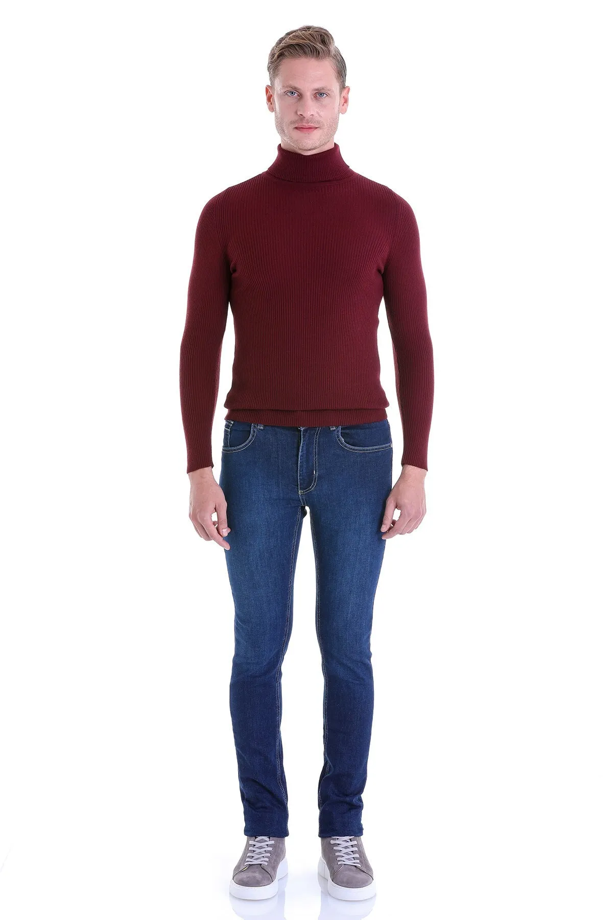 Comfort Fit Wool Blend Burgundy Turtleneck Sweater