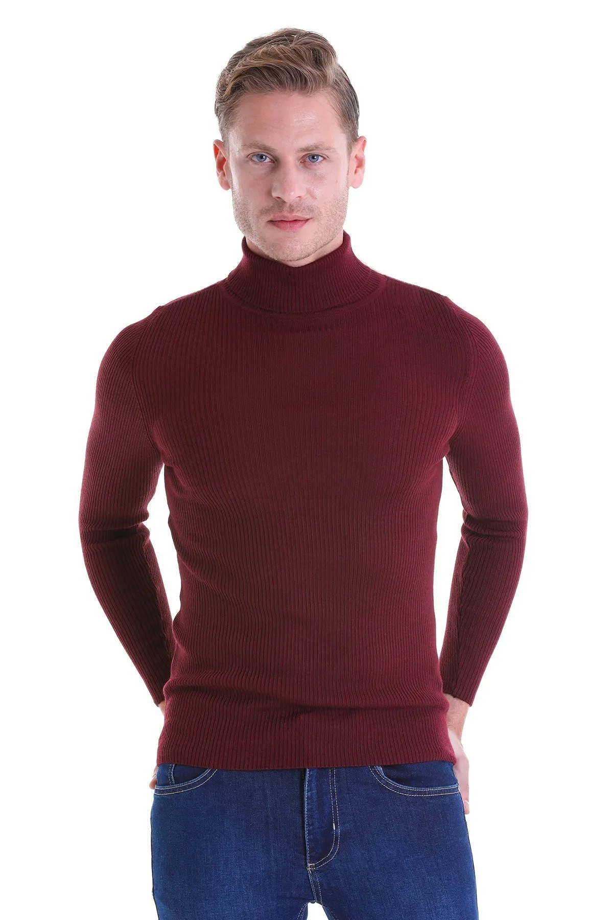 Comfort Fit Wool Blend Burgundy Turtleneck Sweater