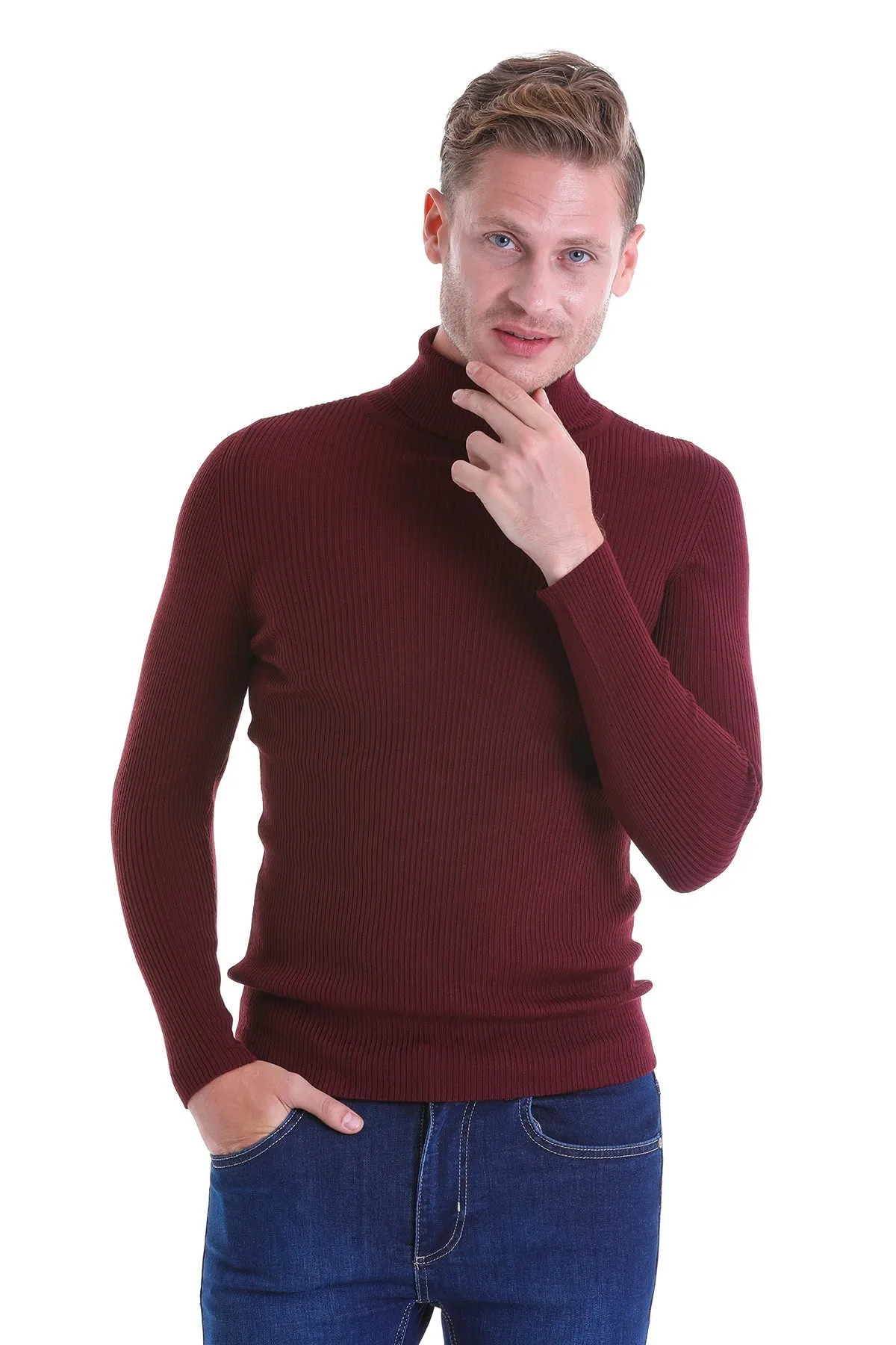 Comfort Fit Wool Blend Burgundy Turtleneck Sweater