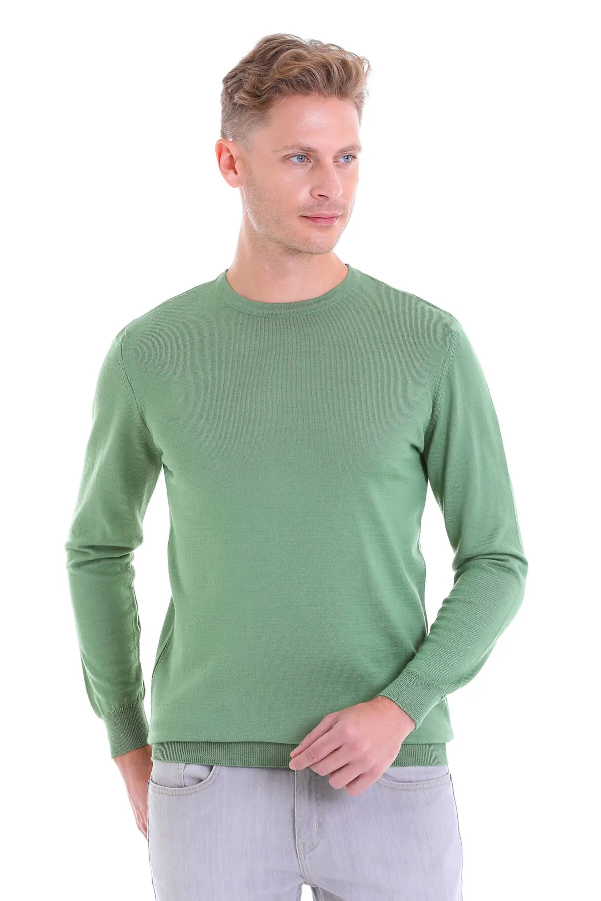 Comfort Fit Wool Blend Green Crewneck Sweater