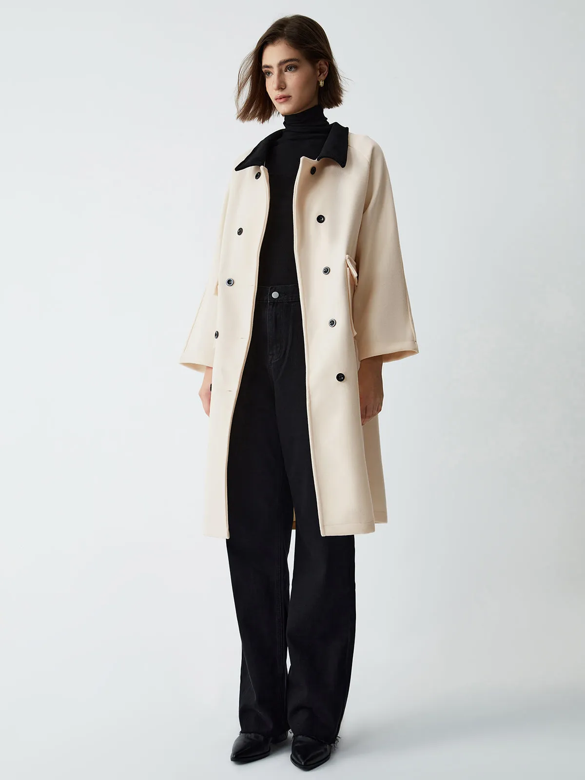 Contrast Collar Graceful Long Trench Coat