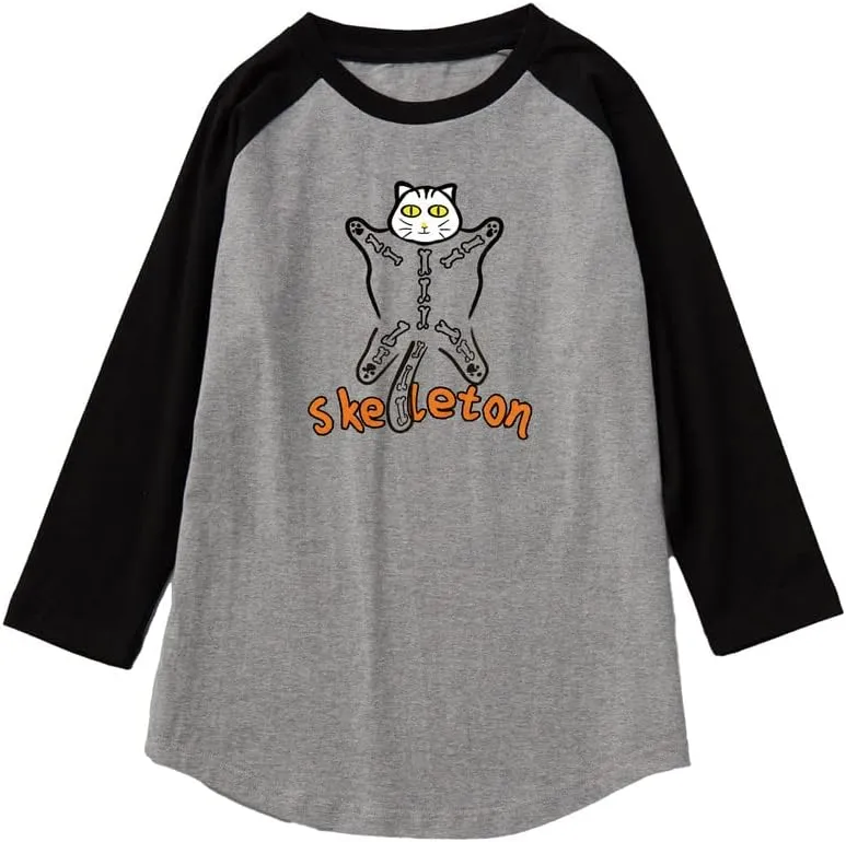 CORIRESHA Halloween Costume Funny Cats Skeleton Pattern 3/4 Raglan Sleeves Gothic T-Shirt