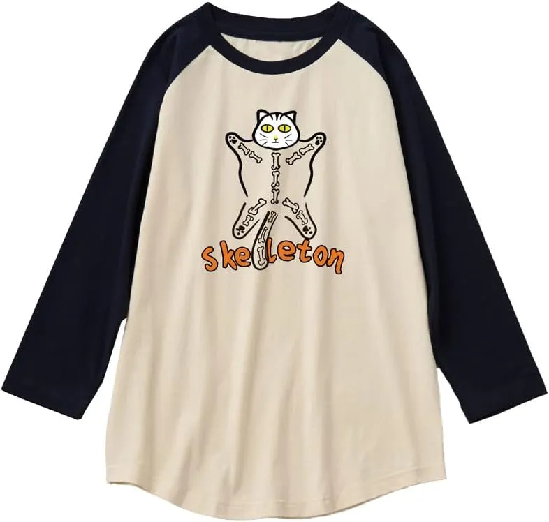 CORIRESHA Halloween Costume Funny Cats Skeleton Pattern 3/4 Raglan Sleeves Gothic T-Shirt