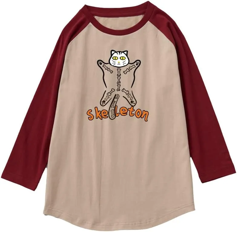 CORIRESHA Halloween Costume Funny Cats Skeleton Pattern 3/4 Raglan Sleeves Gothic T-Shirt