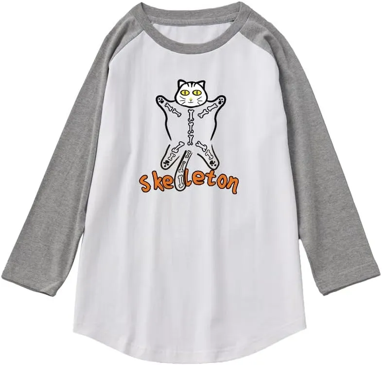 CORIRESHA Halloween Costume Funny Cats Skeleton Pattern 3/4 Raglan Sleeves Gothic T-Shirt