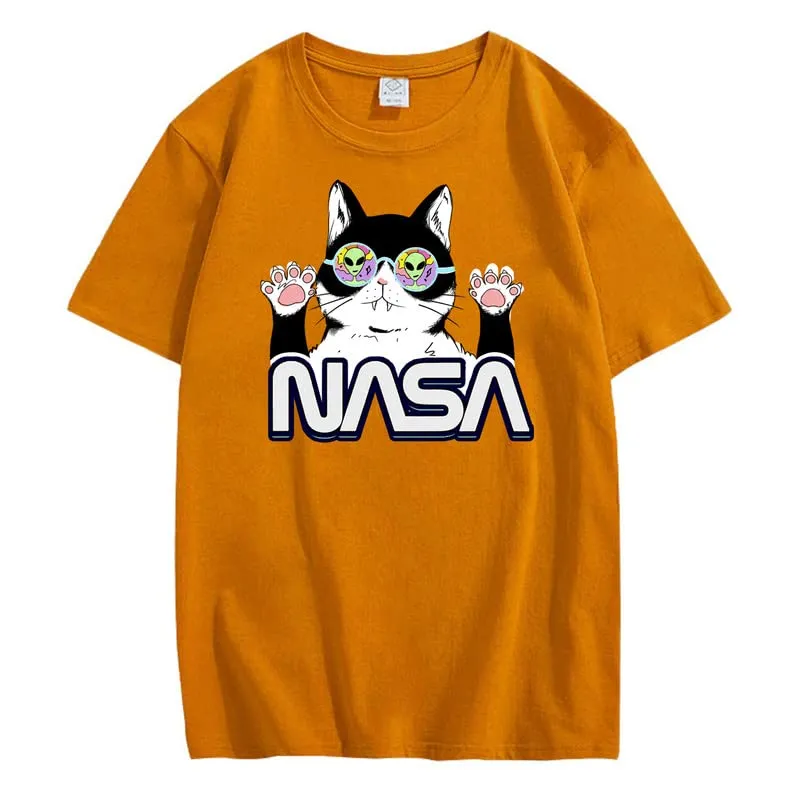 CORIRESHA Teen's NASA T-Shirt Casual Crewneck Short Sleeve Cute Cat Top