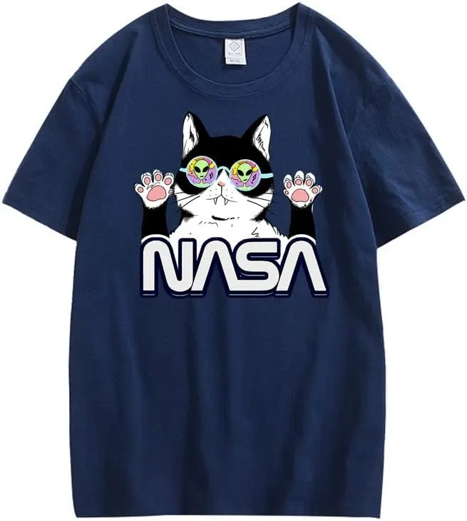 CORIRESHA Teen's NASA T-Shirt Casual Crewneck Short Sleeve Cute Cat Top