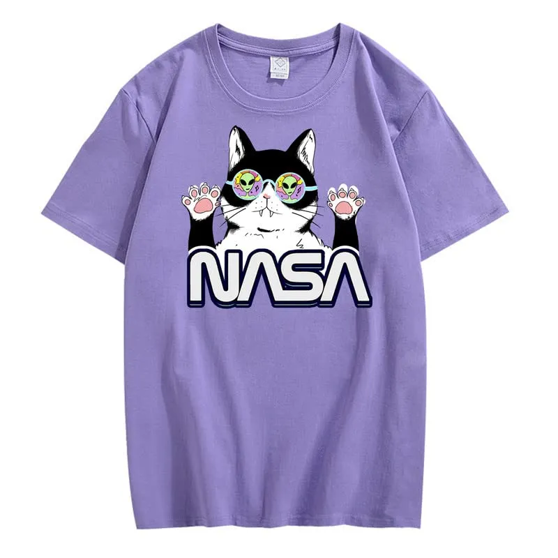 CORIRESHA Teen's NASA T-Shirt Casual Crewneck Short Sleeve Cute Cat Top