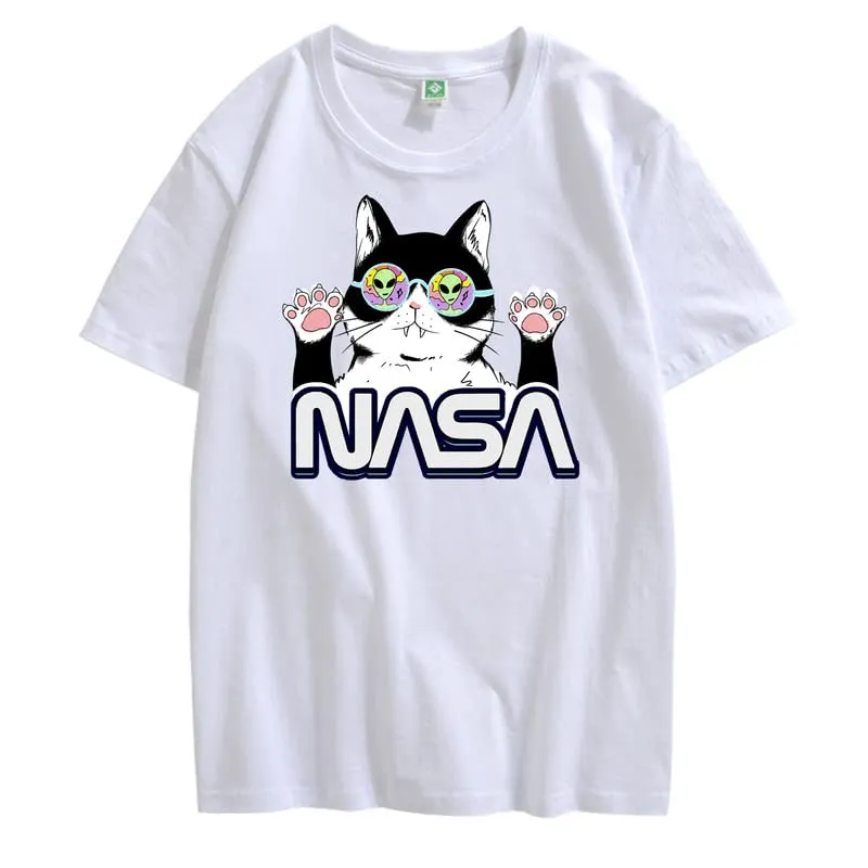 CORIRESHA Teen's NASA T-Shirt Casual Crewneck Short Sleeve Cute Cat Top