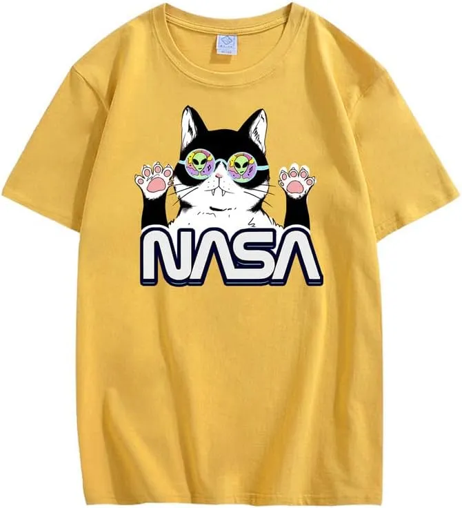 CORIRESHA Teen's NASA T-Shirt Casual Crewneck Short Sleeve Cute Cat Top