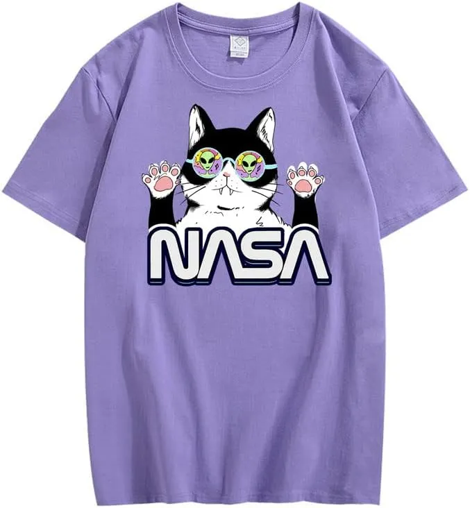 CORIRESHA Teen's NASA T-Shirt Casual Crewneck Short Sleeve Cute Cat Top