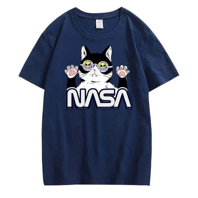 CORIRESHA Teen's NASA T-Shirt Casual Crewneck Short Sleeve Cute Cat Top