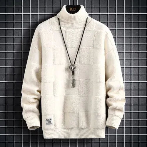 Deep Focus Sweater - Elevate Your Style: High Neck Thickened Warm Sweater Loose Check Knitted Pullover