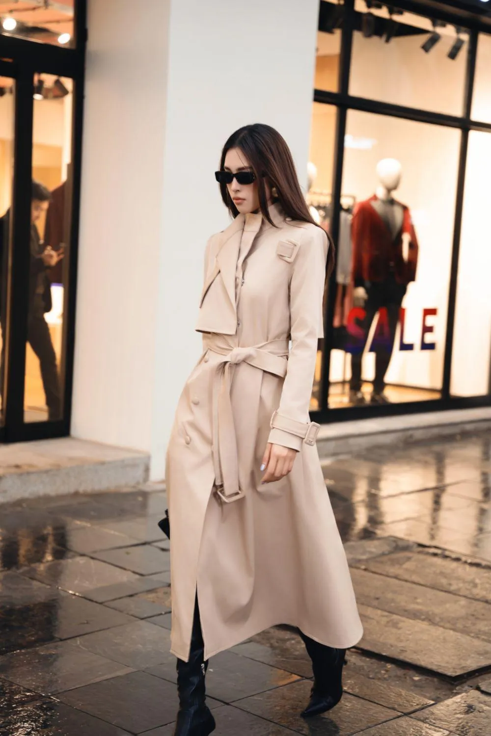 Dolyn A-line Belt Strap Polyester Spandex Calf Length Trench Coat