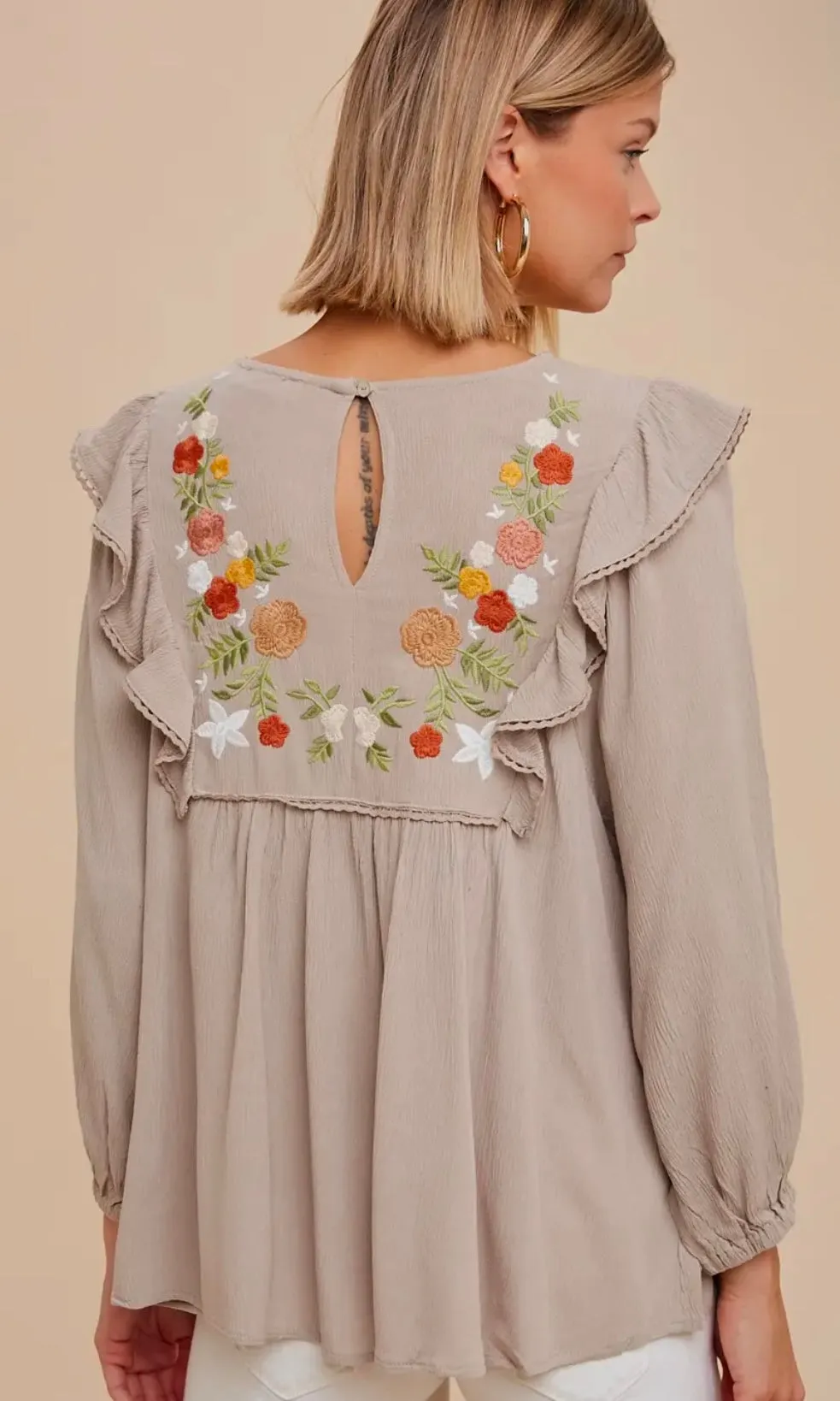 Dorian Taupe Foral Embroidered Ruffle Shoulder Blouse