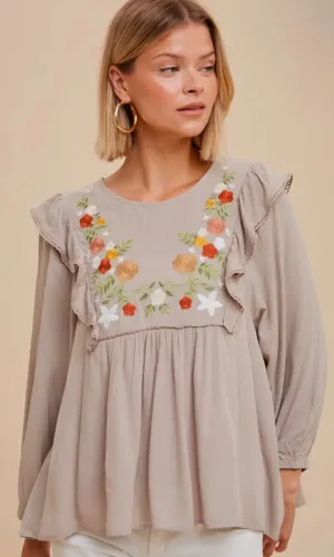 Dorian Taupe Foral Embroidered Ruffle Shoulder Blouse