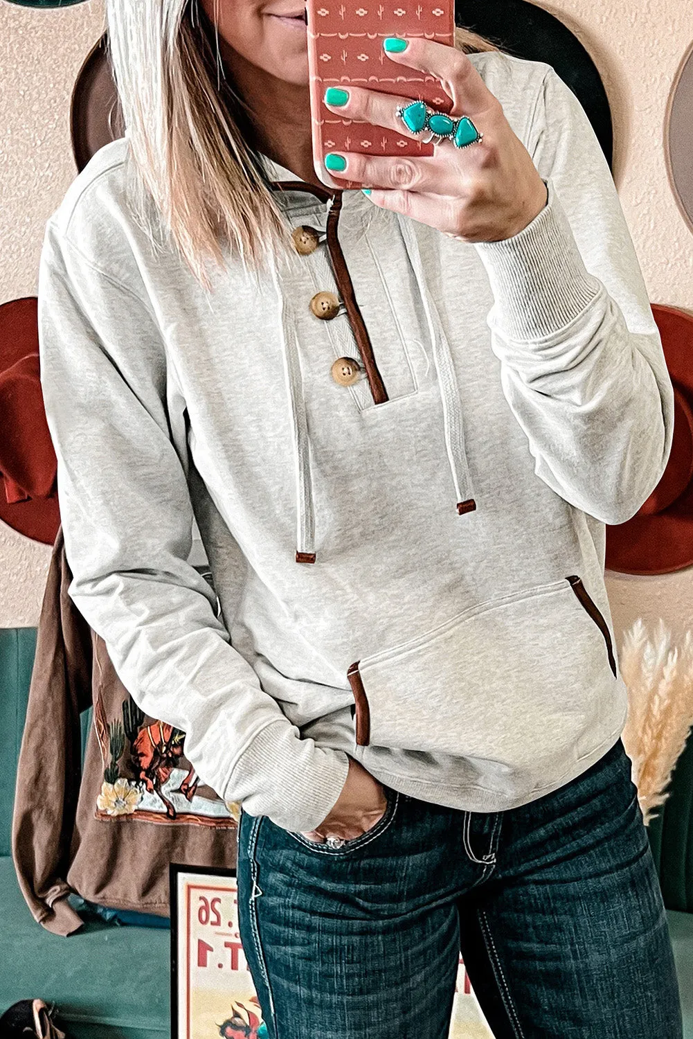 Drawstring Kangaroo Henley Hoodie