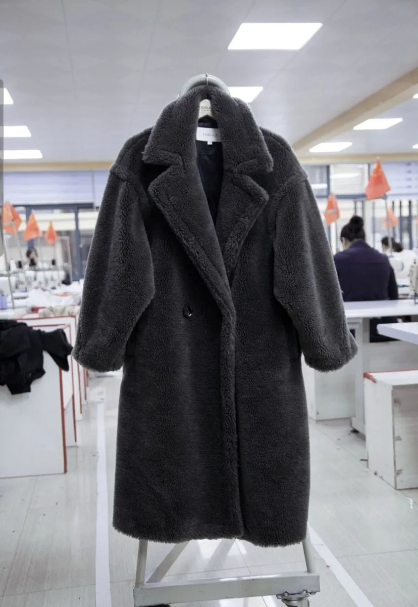 Elegant Gray Woolen Coats For Women - Loose Fit, Long Sleeve, Available In Sizes S, M, L