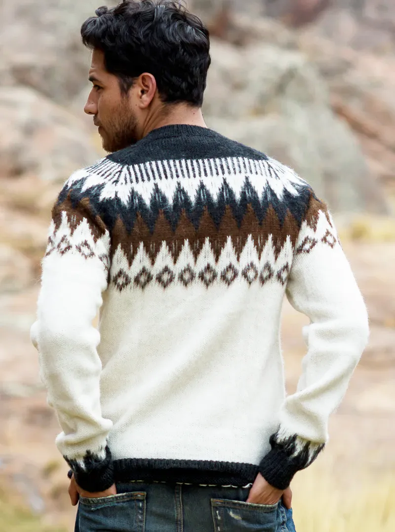 Fair Isle Round Neck Alpaca Sweater for Men